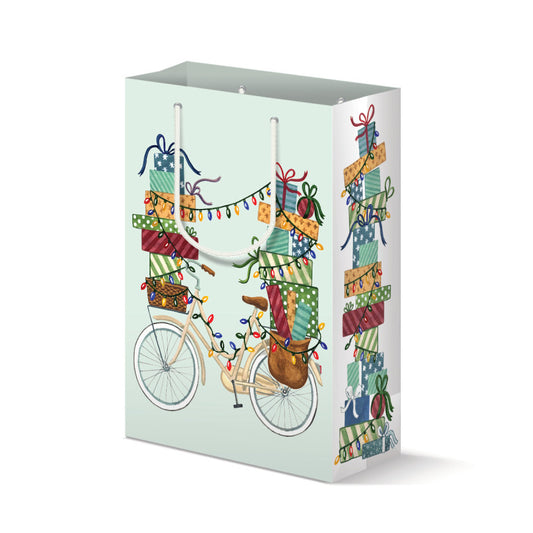 Holiday Bicycle with Gifts Watercolor Gift Bag