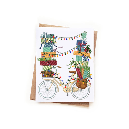 Holiday Bicycle with Stacks of Gifts Watercolor Card