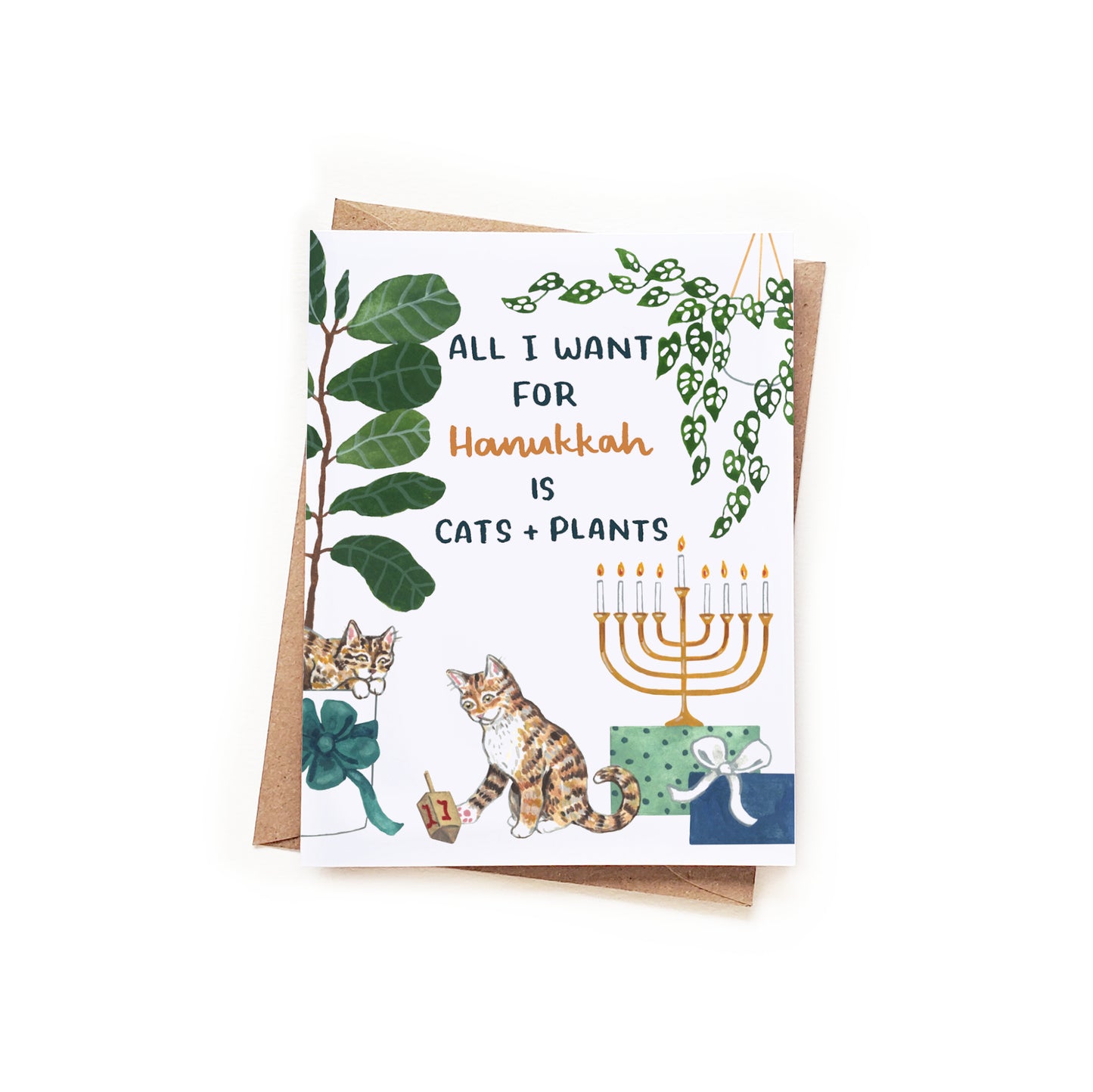 Hanukkah Cats + Plants Watercolor Wrap Card