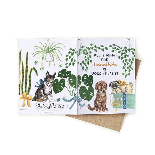 Hanukkah Dogs + Plants Watercolor Wrap Card