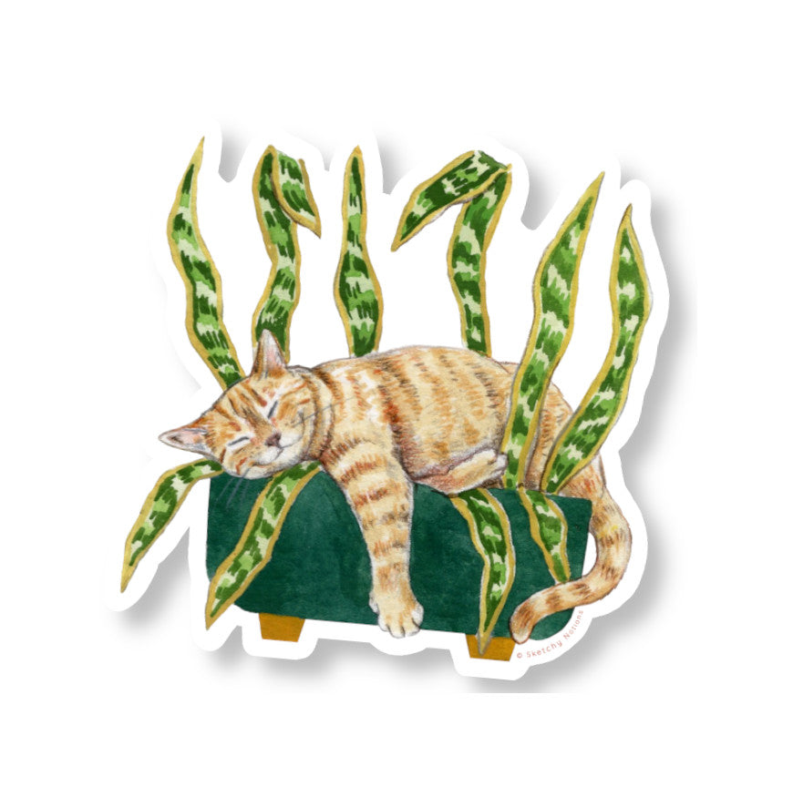 snake plant cat Cat and Plant Vinyl Waterproof Sticker