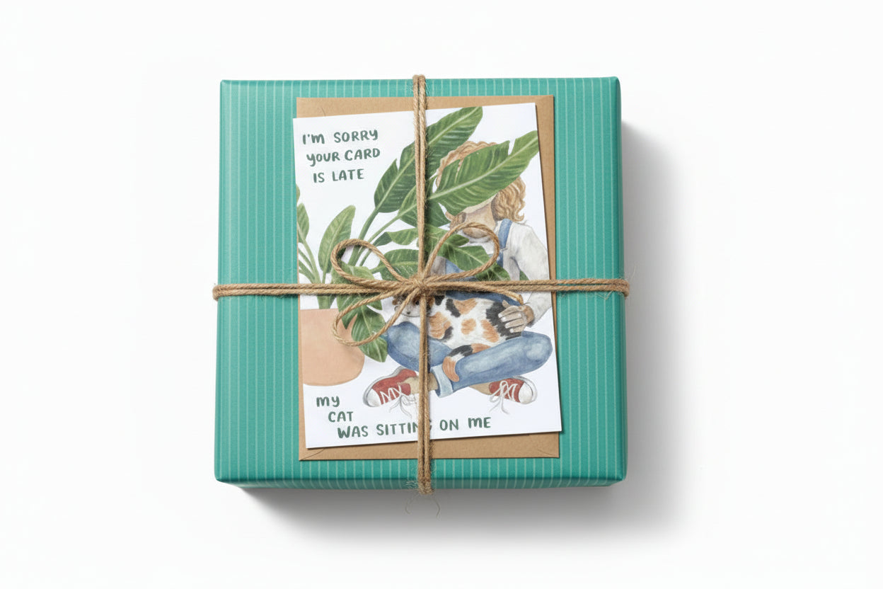 Card with illustration of a person holding a cat and text 'I'm sorry your card is late, my cat was sitting on me' on a white background.