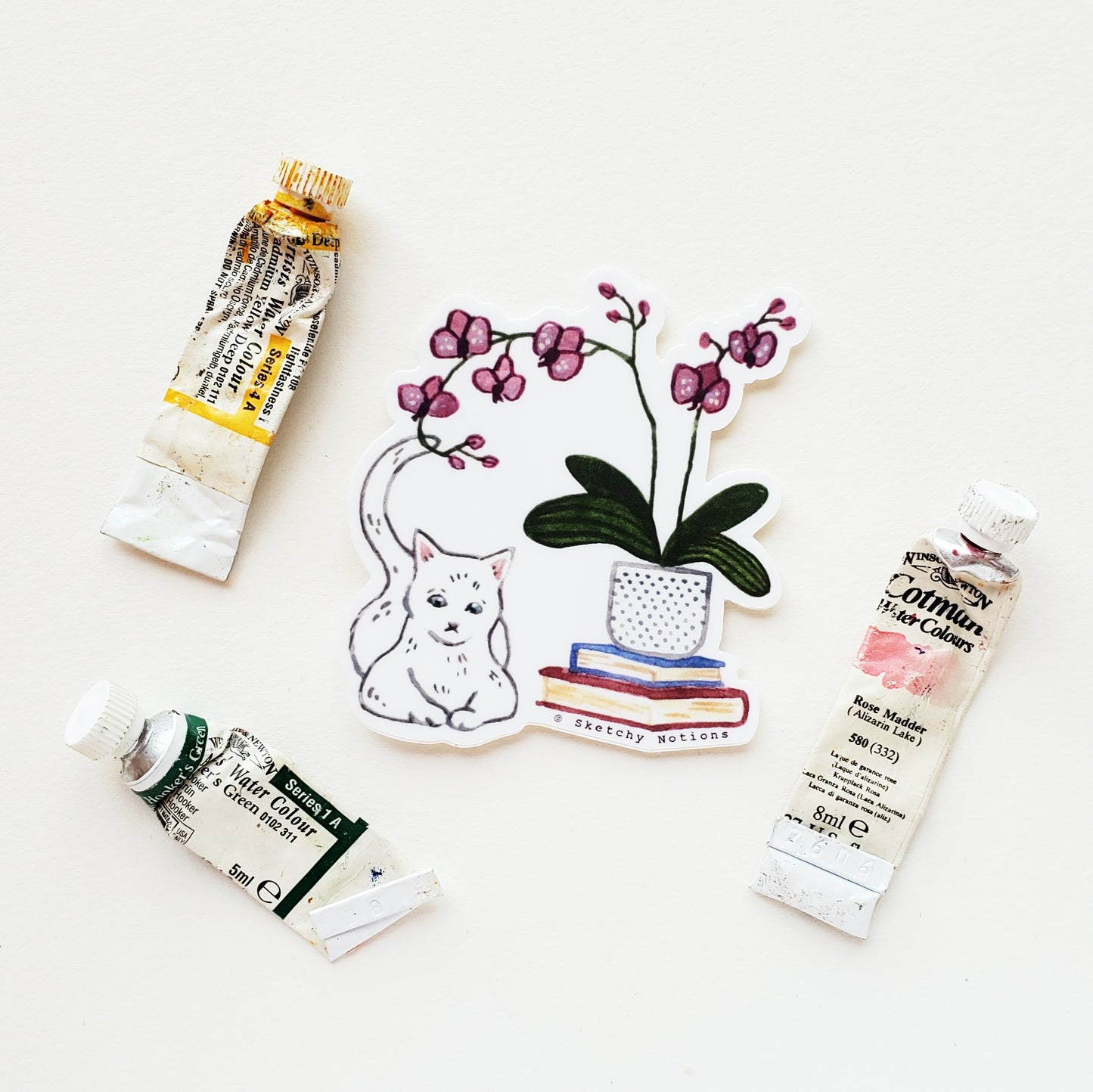 Cat and Plant Sticker 11 - White Cat with Orchid