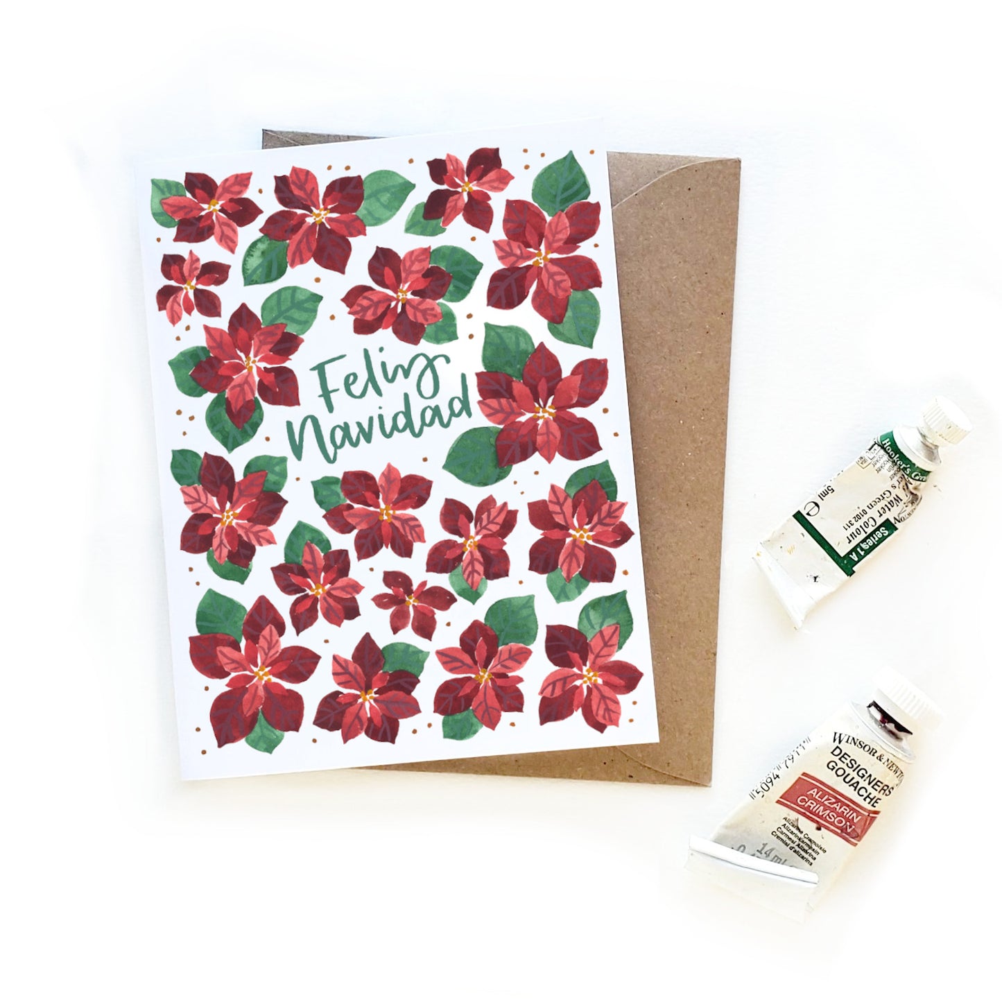 Feliz Navidad Poinsettia Watercolor Card