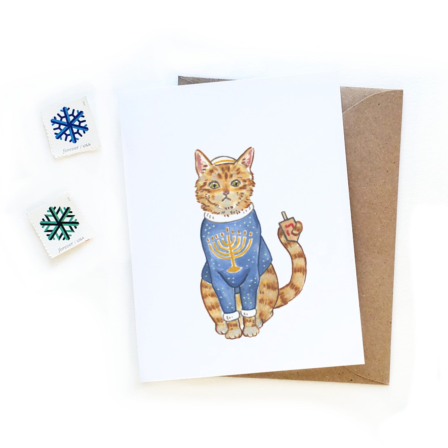 Ugly Sweater Cat Hanukkah Card Watercolor Illustration Hanukkiah Sketchy Notions