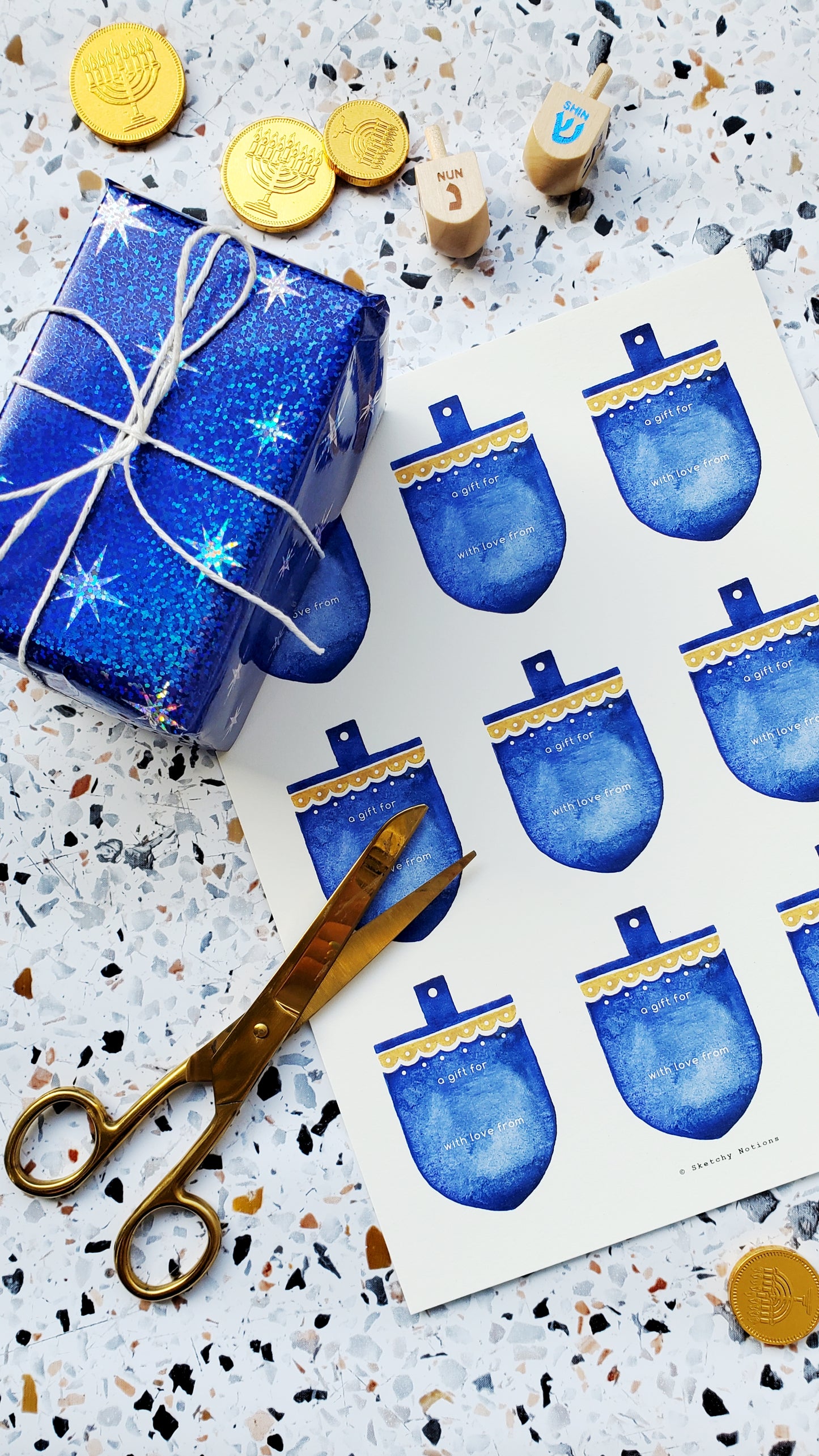 Printable Hanukkah Watercolor and Coloring Gift Tags