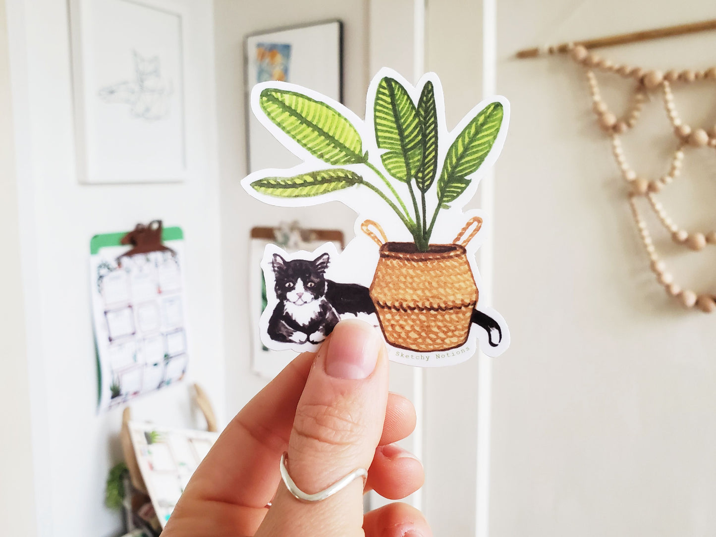 Cat and Plant Sticker 7 - Tuxedo with Banana Leaf Palm