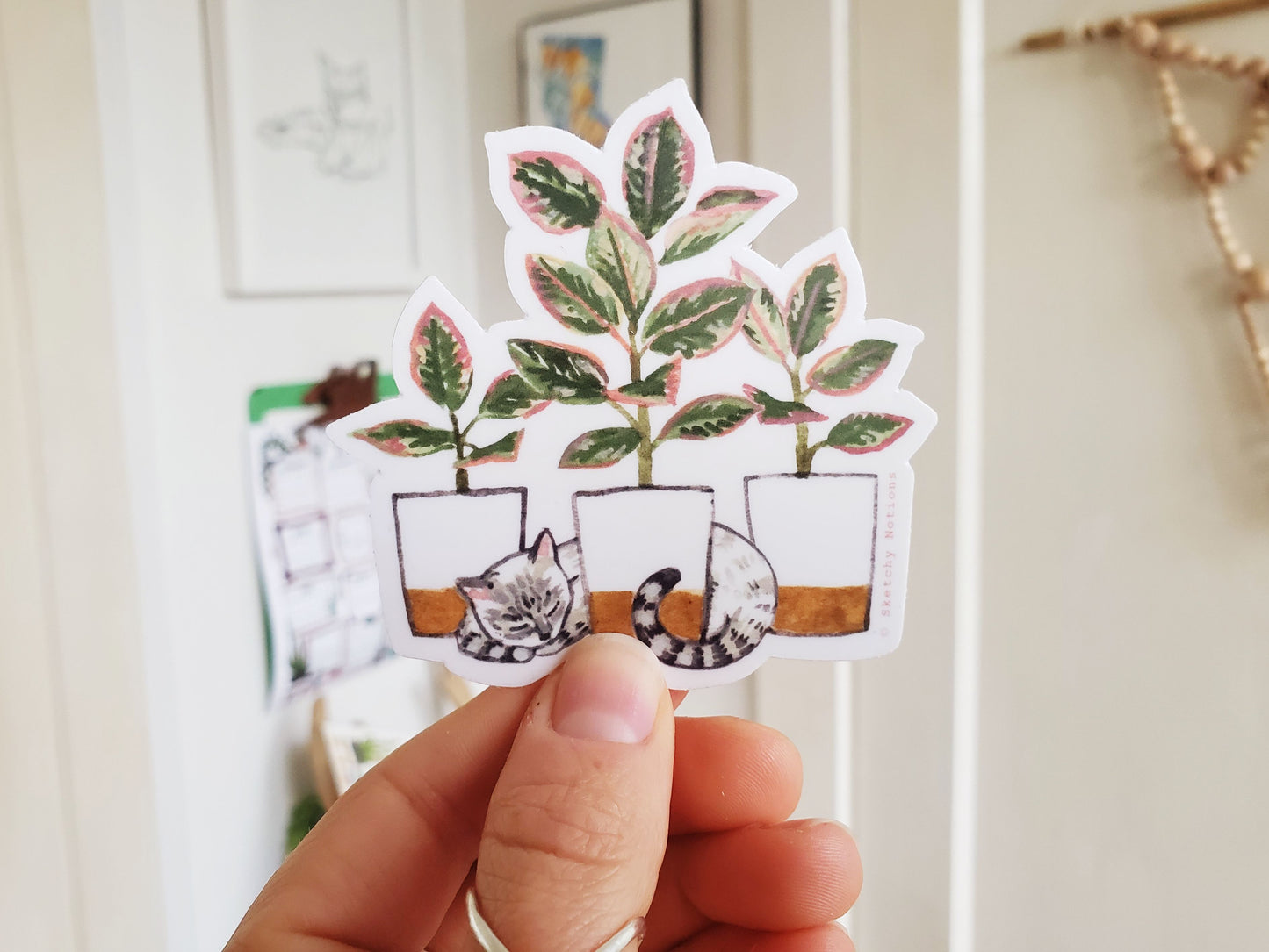 Cat and Plant Sticker 4 - Lynx Siamese with Rubber Plant