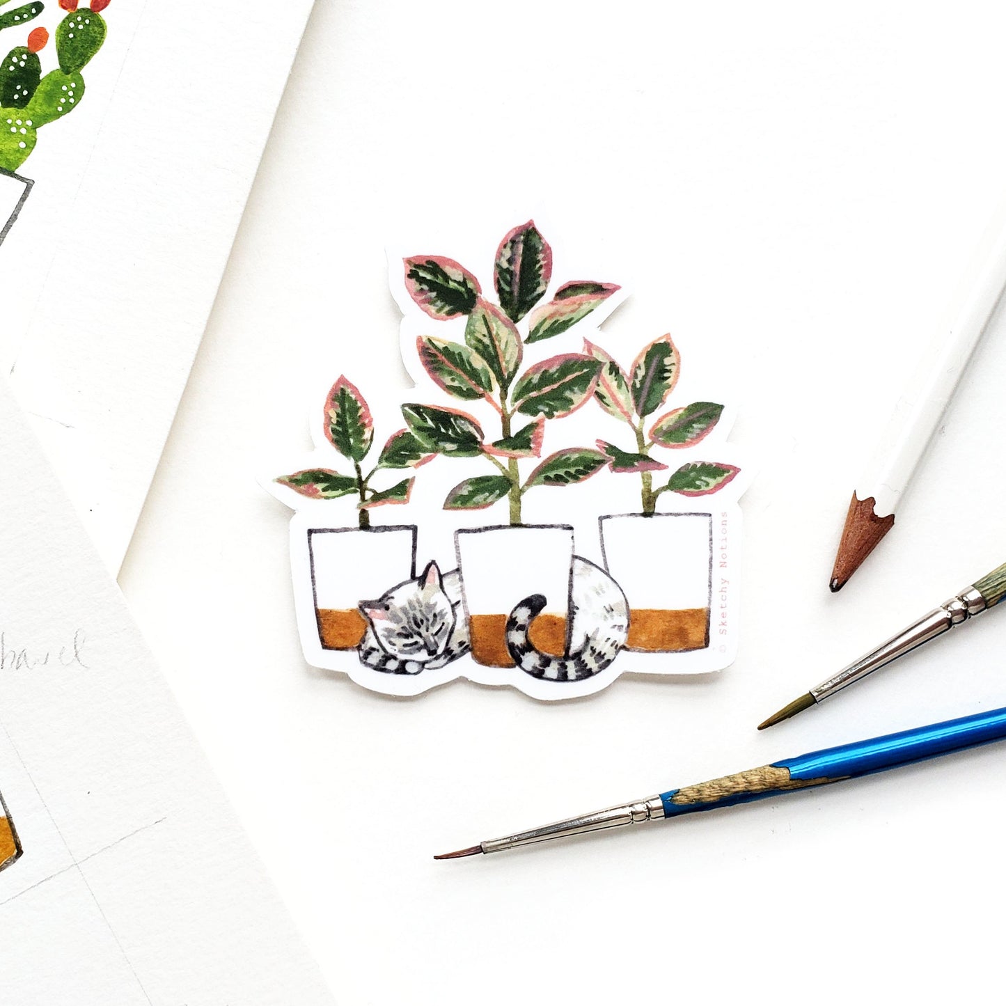 Cat and Plant Sticker 4 - Lynx Siamese with Rubber Plant
