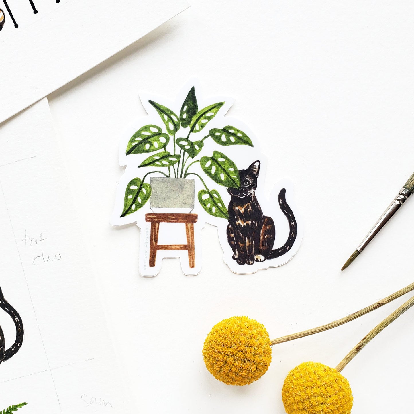 Cat and Plant Sticker 5 - Tortoiseshell Cat with Swiss Cheese Plant