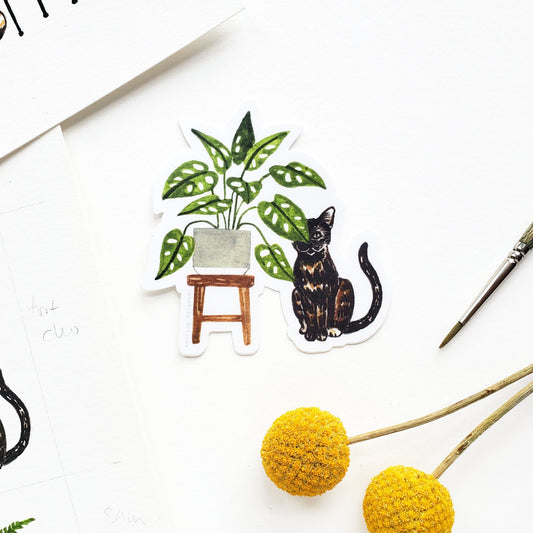 Cat and Plant Sticker 5 - Tortoiseshell Cat with Swiss Cheese Plant