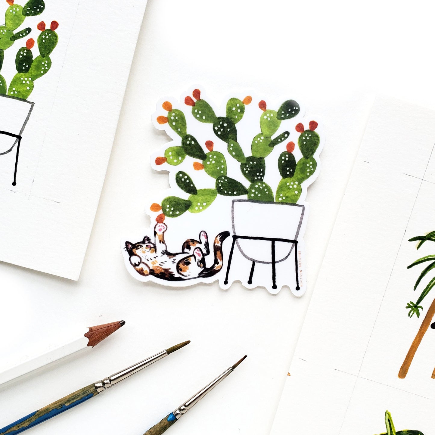 Cat and Plant Sticker 3 - Calico Cat with Prickly Pear Cactus