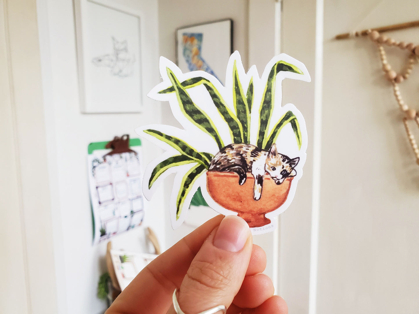 Cat and Plant Sticker 2 - Calico Cat with Snake Plant