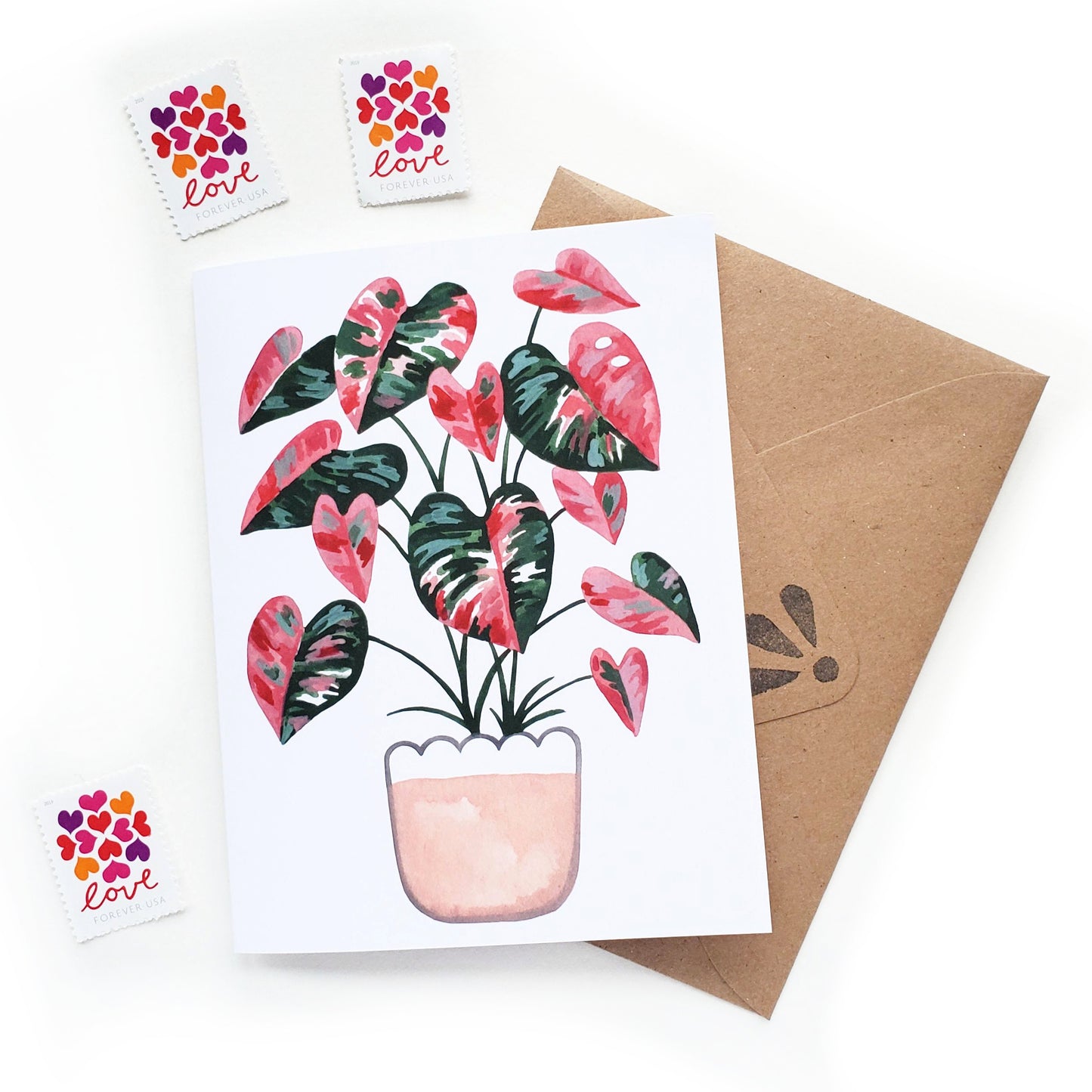 Pink Monstera Watercolor Love Card
