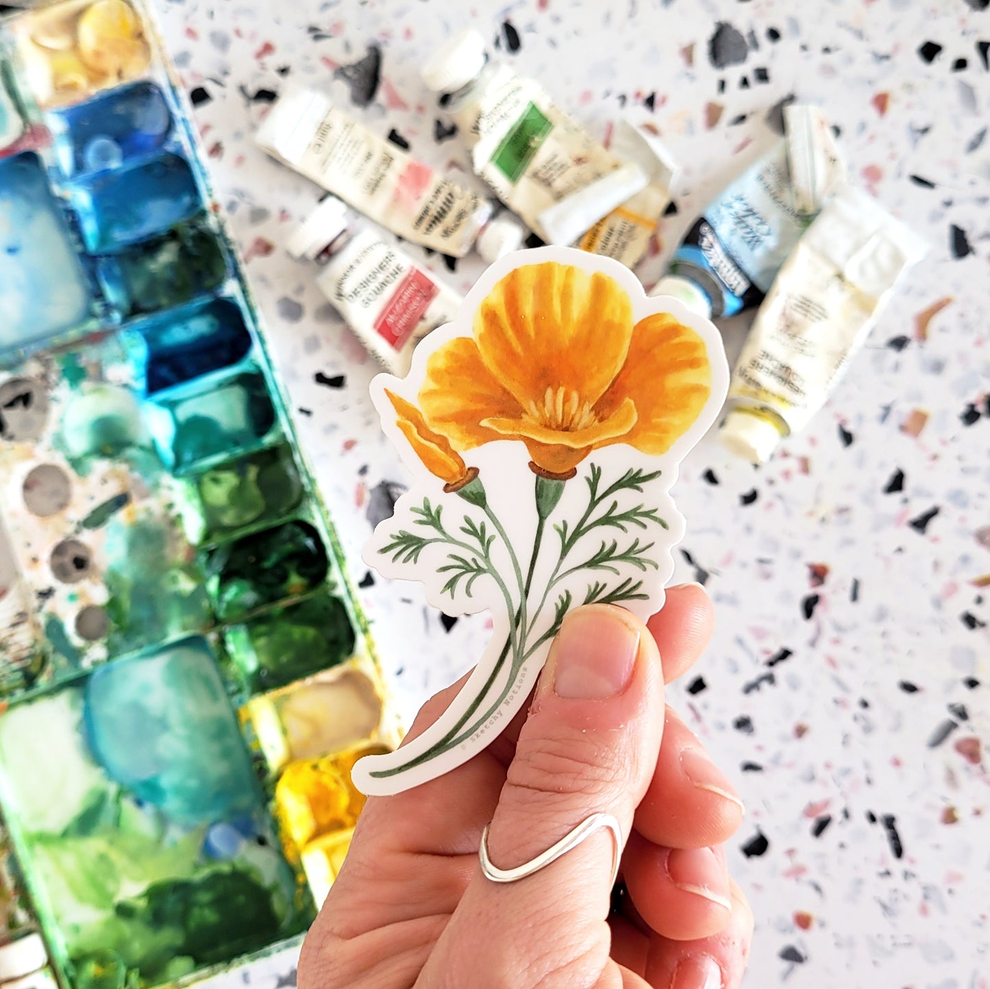 Golden Poppy Flower Watercolor Sticker