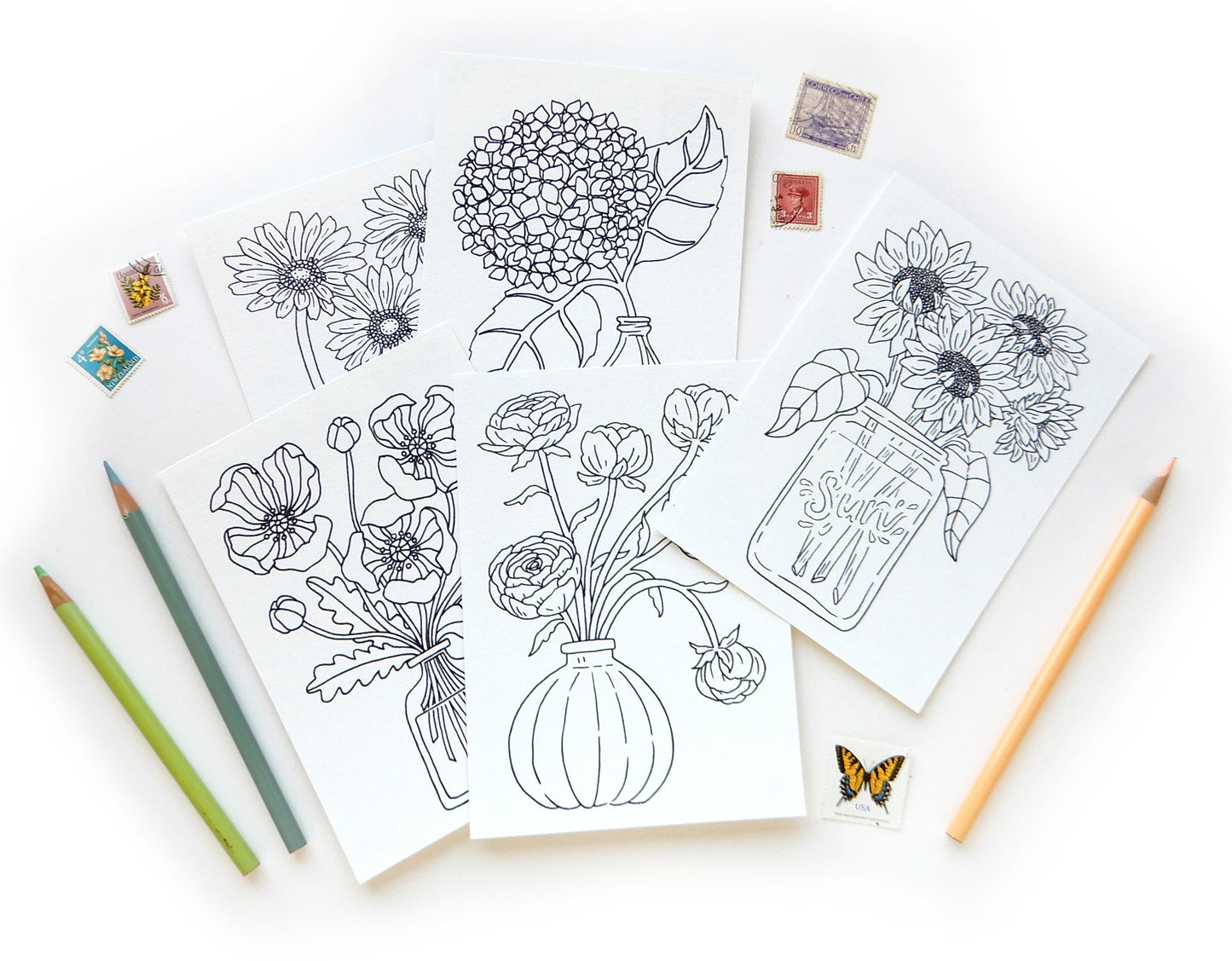 Coloring Postcards - Flowers Set