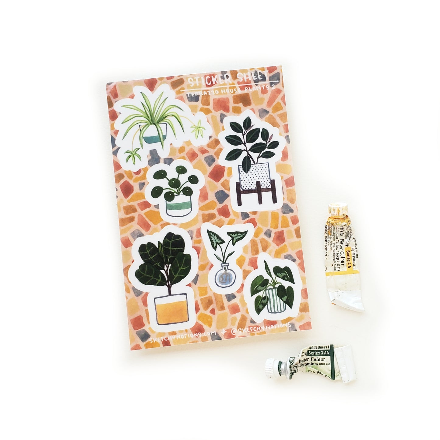 terrazzo houseplant sticker sheet watercolor illustrations fiddle leaf fig pilea sketchy notions
