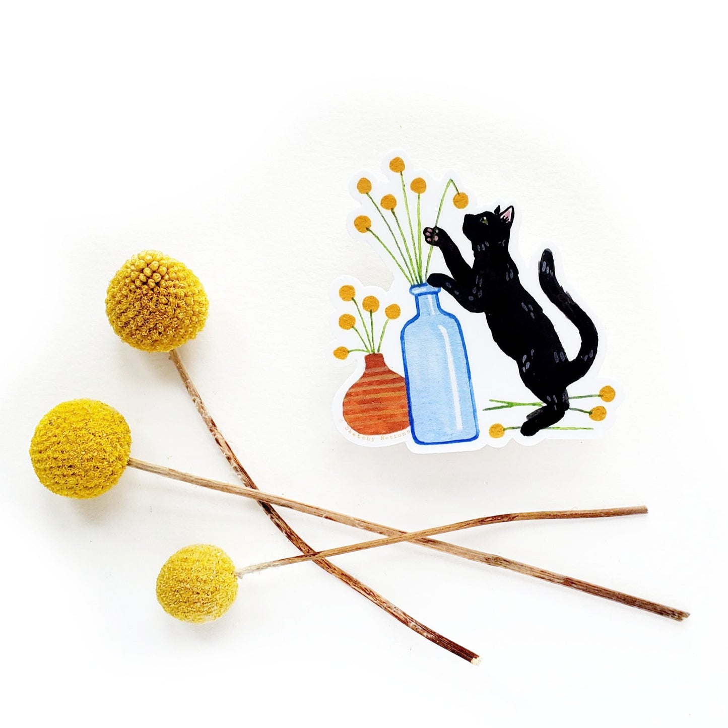 Cat and Plant Sticker 10 - Black Cat with Craspedia
