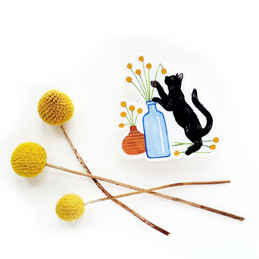 Cat and Plant Sticker 10 - Black Cat with Craspedia