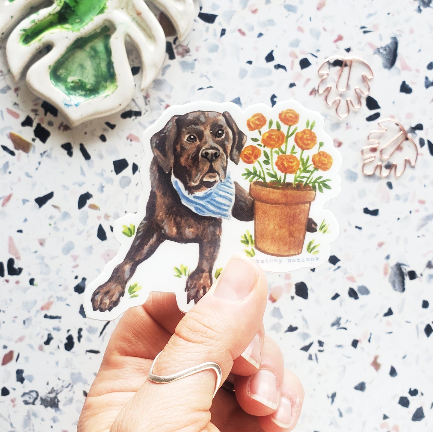 Tiny Dog and Flower Sticker 4 - Chocolate Lab with Marigolds