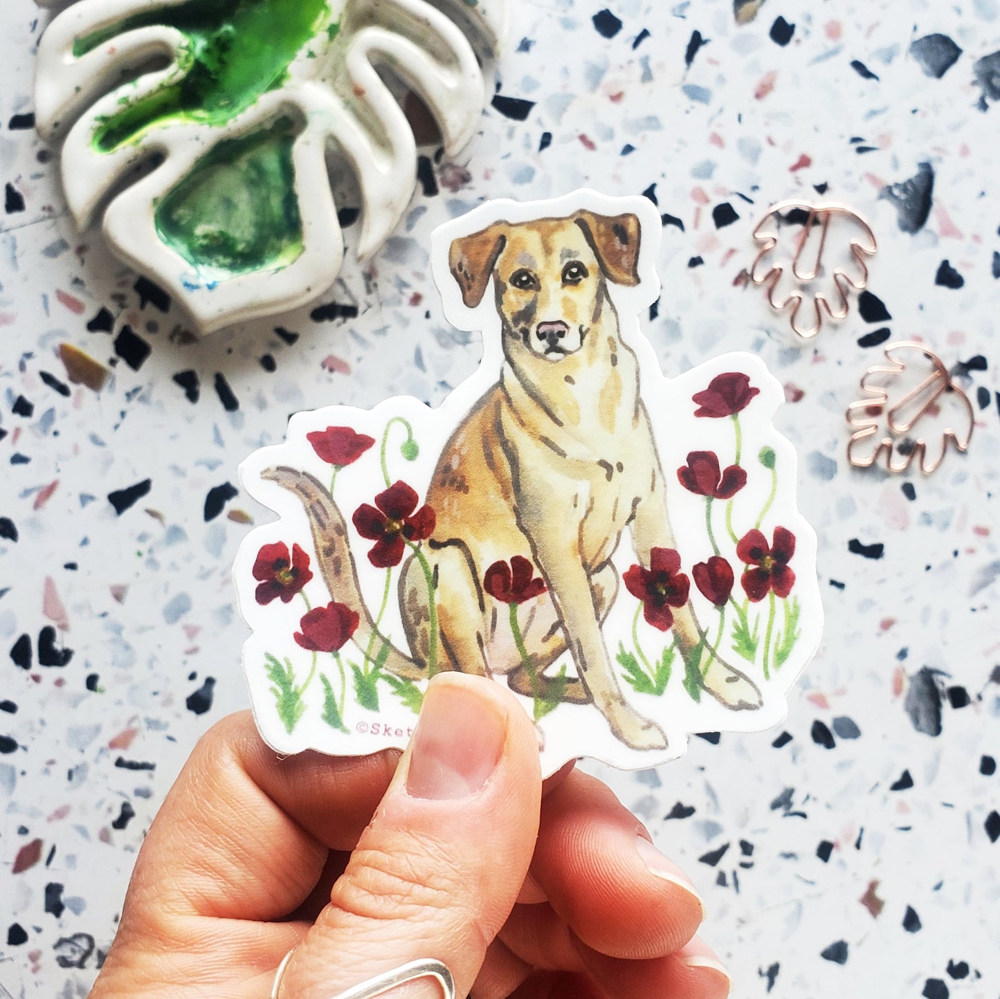 Tiny Dog and Flower Sticker 1 - Golden Lab with Red Poppies