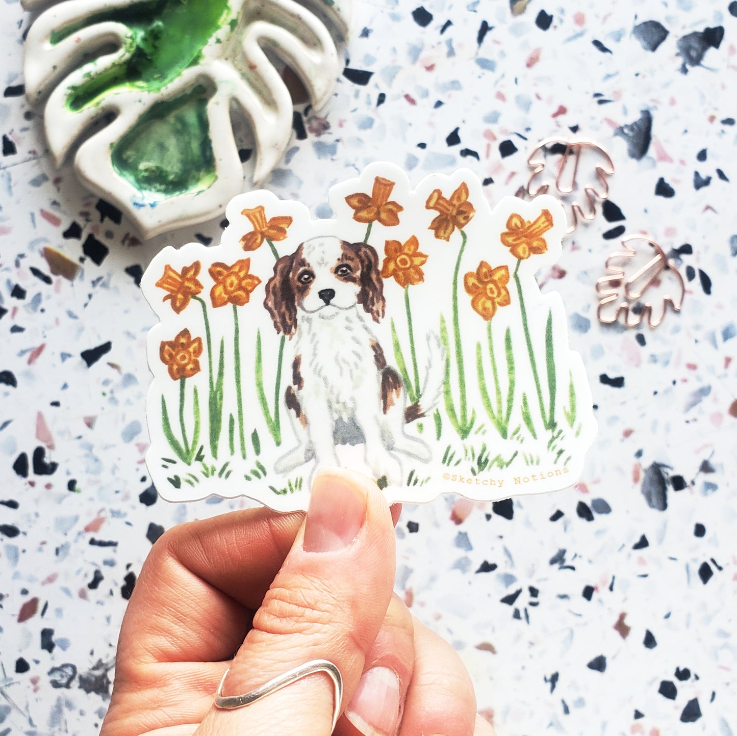 Tiny Dog and Flower Sticker 3 - Cavalier King Charles Spaniel with Daffodils