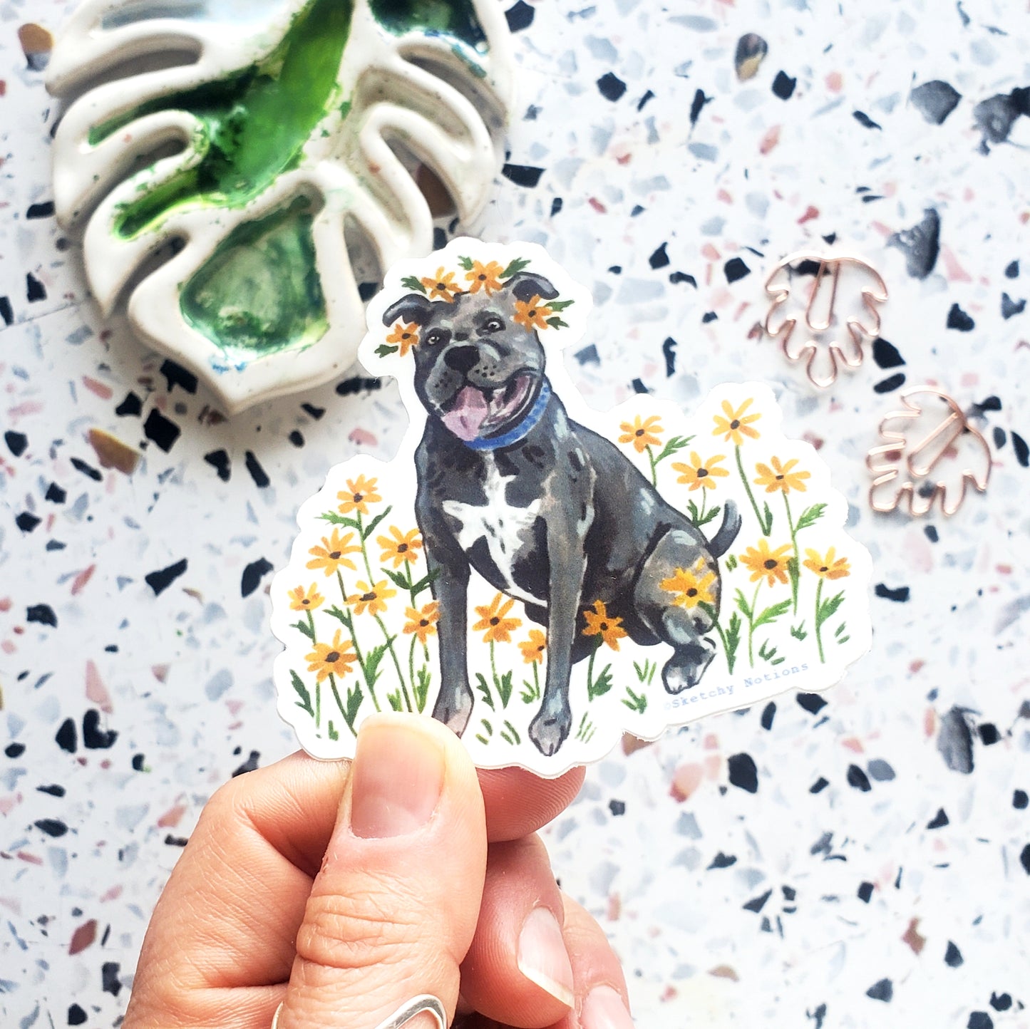 Tiny Dog and Flower Sticker 2 - Pitbull with Black-eyed Susans