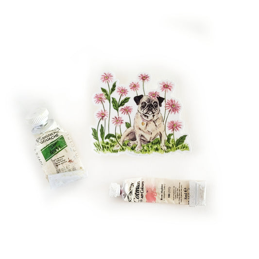 Tiny Dog and Flower Sticker 6 - Pug with Gerber Daisies