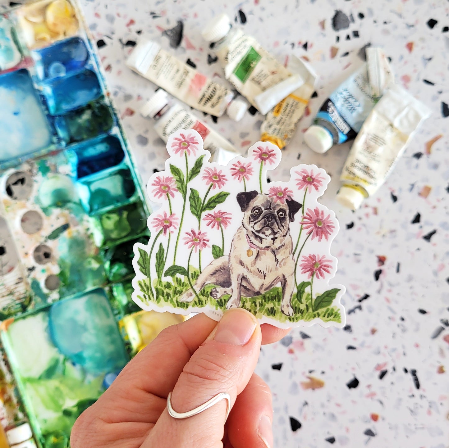 Tiny Dog and Flower Sticker 6 - Pug with Gerber Daisies