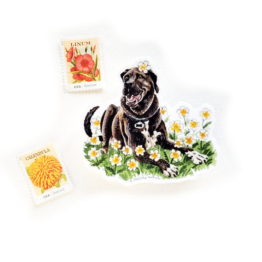 Tiny Dog and Flower Sticker 8 - Great Dane Lab with White Cosmos
