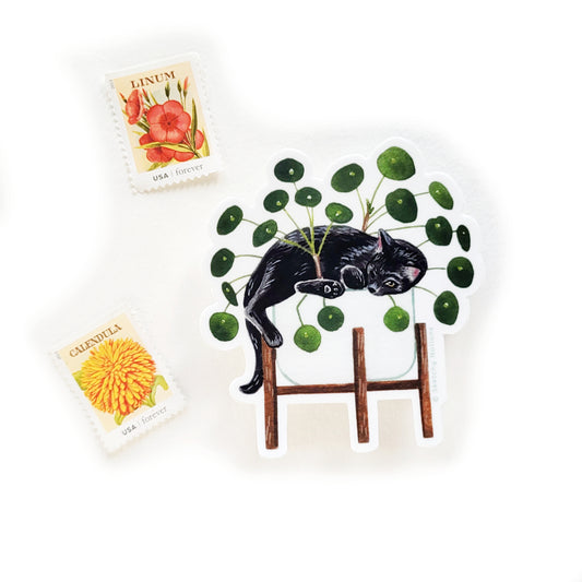 Cat and Plant Sticker 17 - Black Cat with Pilea Plant