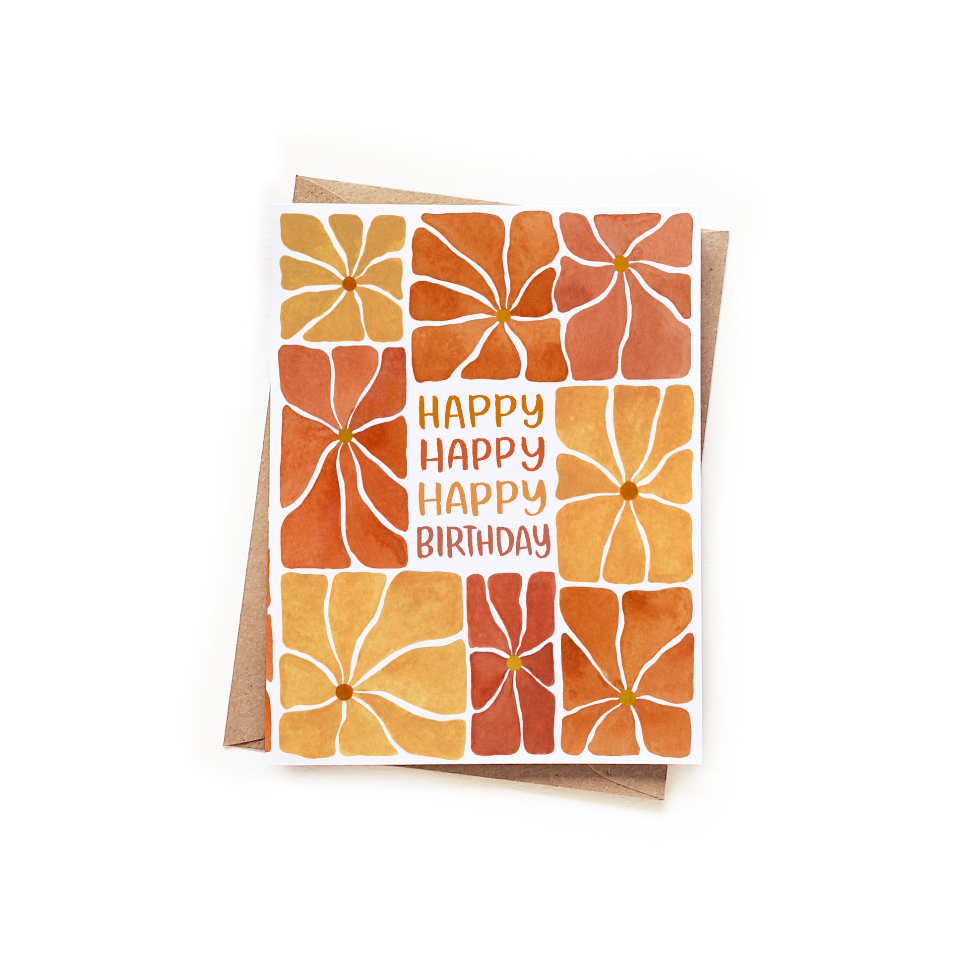 Birthday card with orange floral pattern and 'Happy Happy Happy Birthday' text on a white background