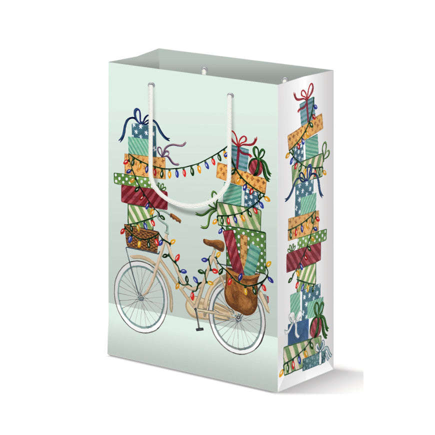 Holiday Bicycle with Gifts Watercolor Gift Bag