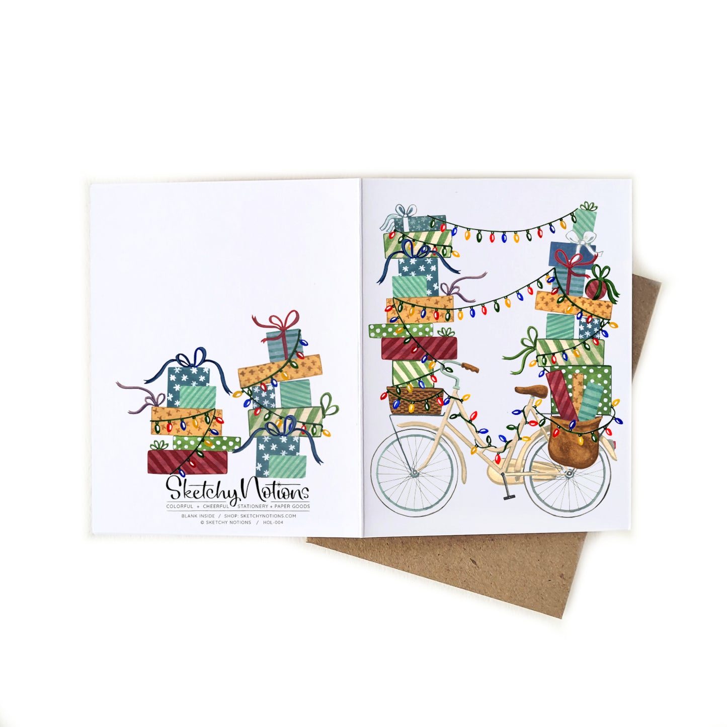 Holiday Bicycle with Stacks of Gifts Watercolor Card