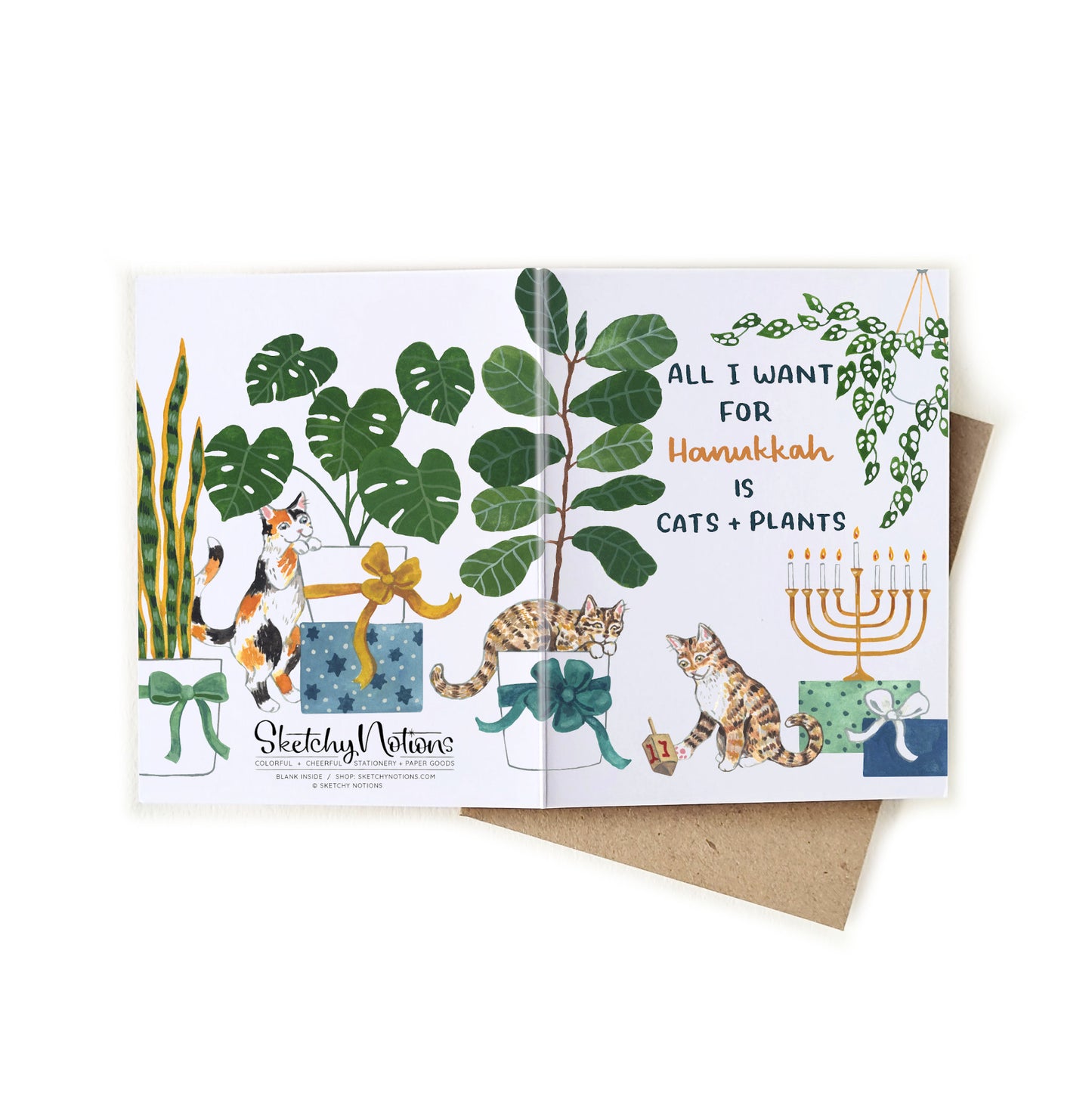 Hanukkah Cats + Plants Watercolor Wrap Card