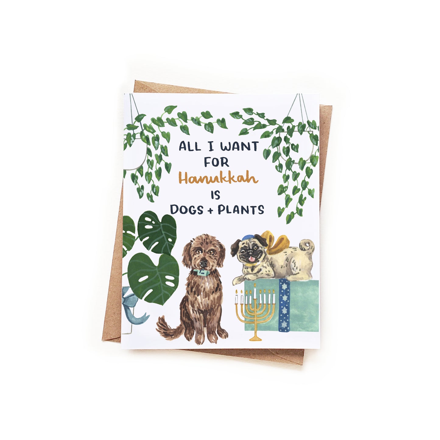 Hanukkah Dogs + Plants Watercolor Wrap Card