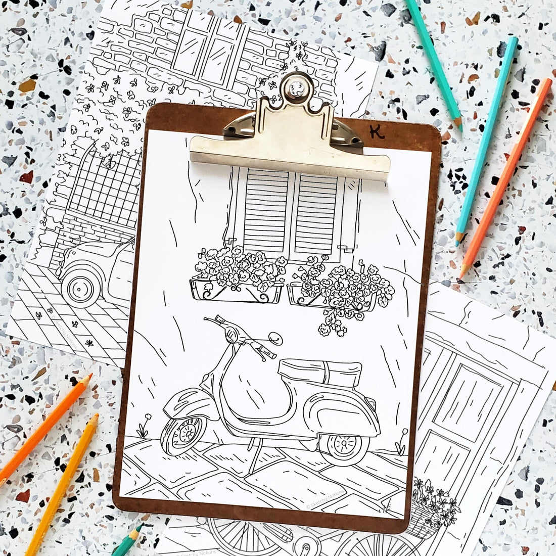Italia Rides Coloring Page Printables | Vespa, Fiat and Bicycle Scenes ...