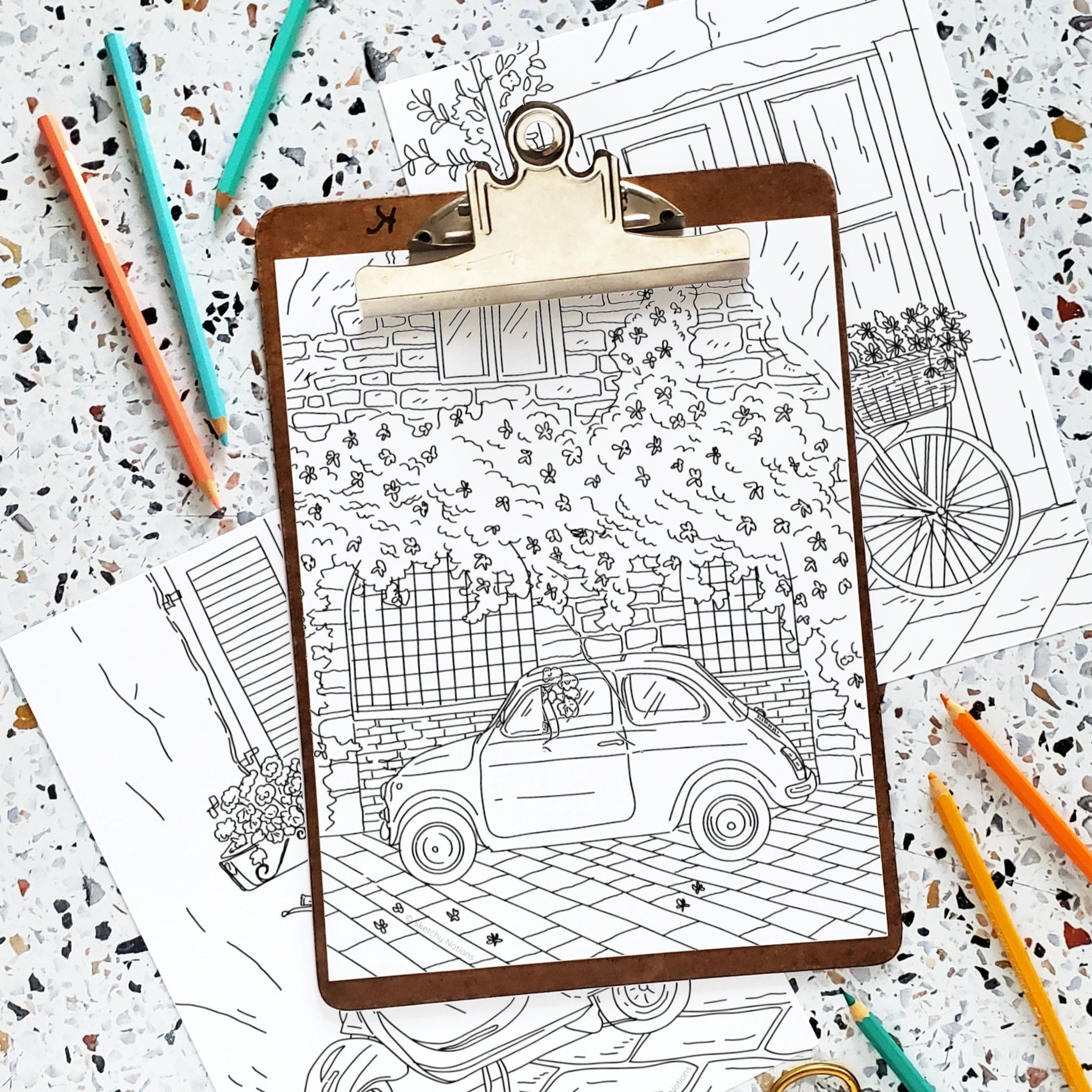 Italia Rides Coloring Page Printables | Vespa, Fiat and Bicycle Scenes ...