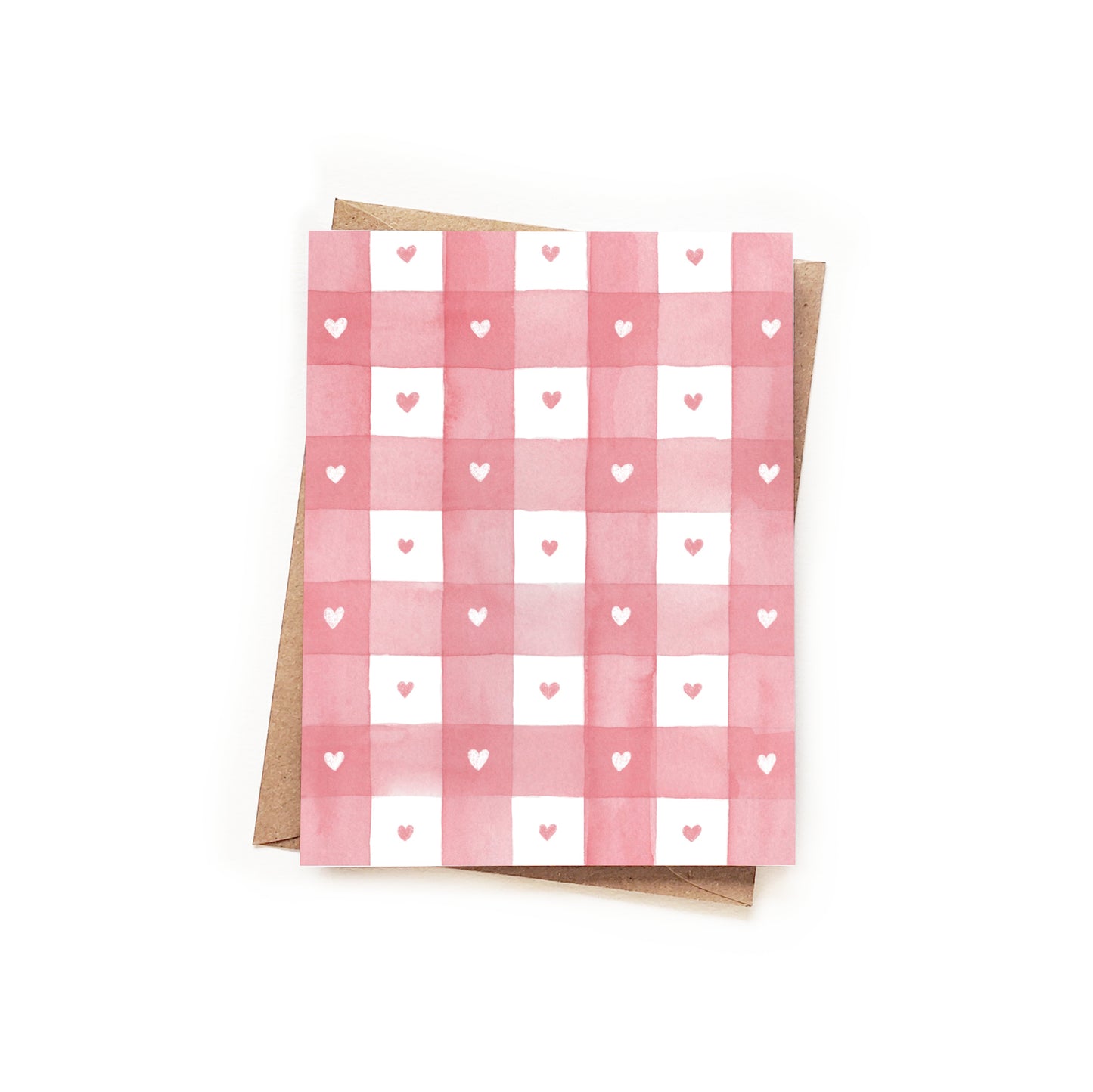 Pink Gingham Heart Watercolor Card