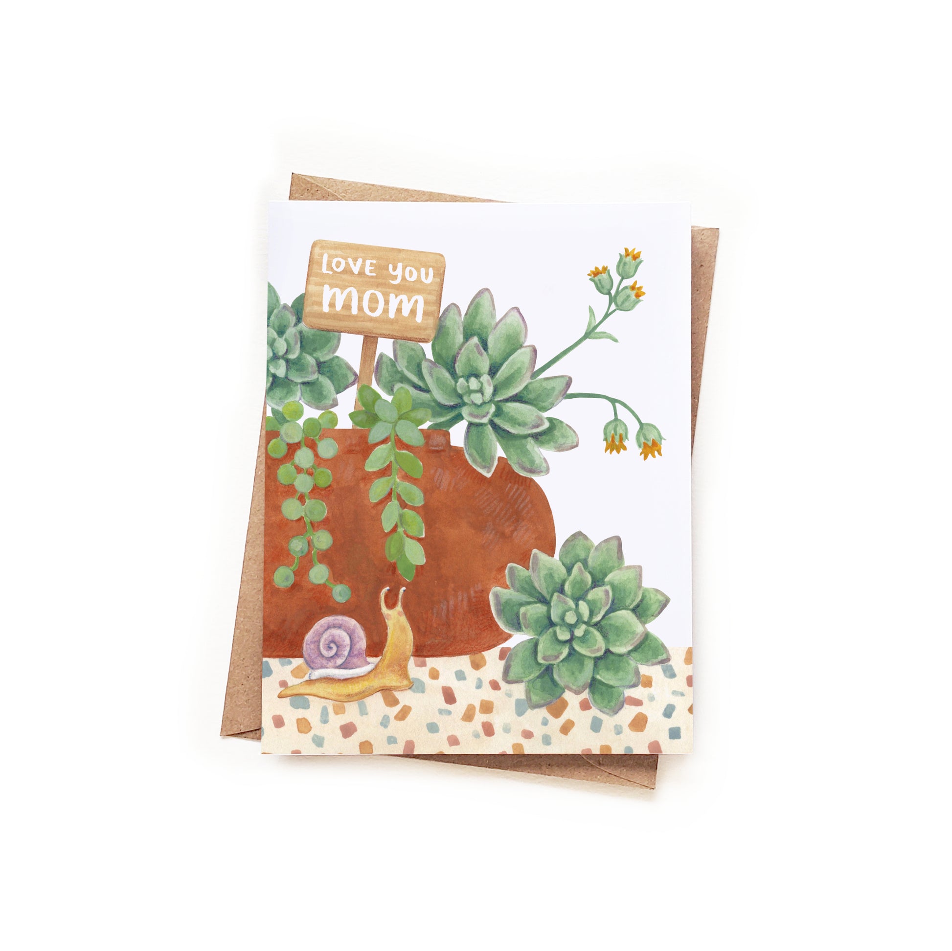 succulent postcards Love You Mom Snails + Succulents Card
