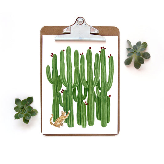 Cat and Saguaro Cactus Watercolor Print