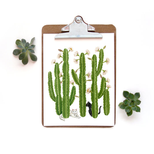 Cat and Cereus Cactus Watercolor Print