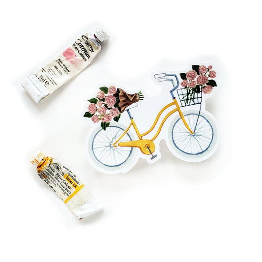 Yellow Bicycle with Pink Peonies Sticker