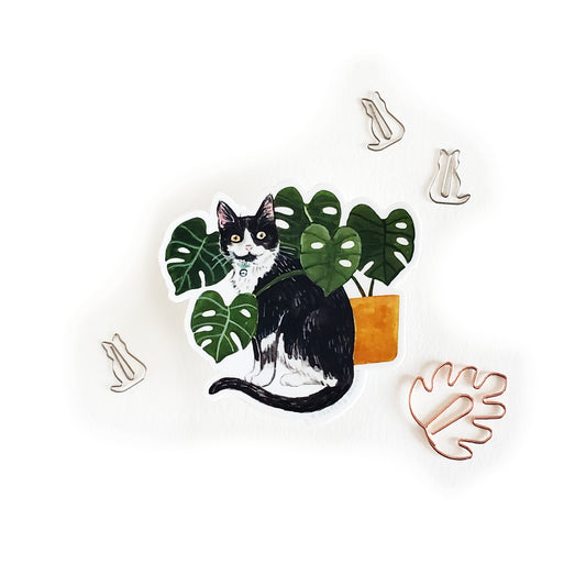 Cat and Plant Sticker 16 - Tuxedo Cat with Monstera