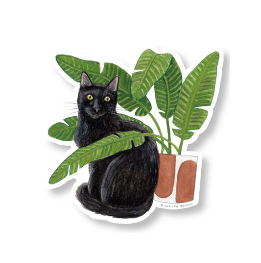 Cat and Plant Sticker 18 - Black Cat with Banana Leaf Palm