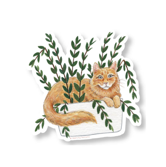 Cat and Plant Sticker 21 - Fluffy Orange Cat with ZZ Plant