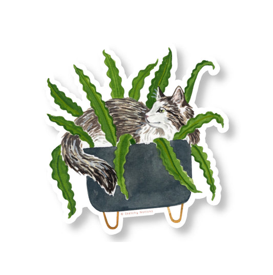 Cat and Plant Sticker 22 - Fluffy Tabby in Bird's Nest Fern