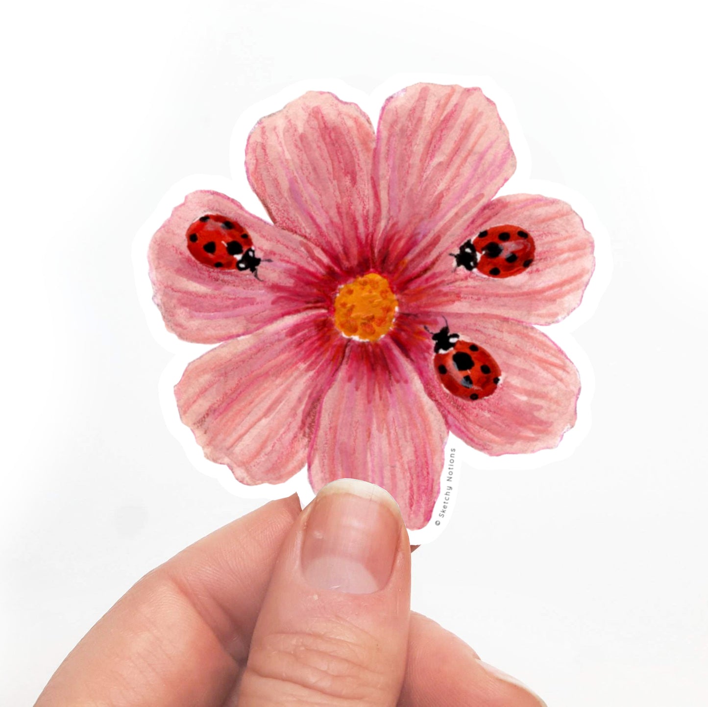 Ladybugs and Cosmo Flower Watercolor Sticker