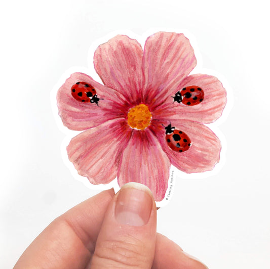 Ladybugs and Cosmo Flower Watercolor Sticker