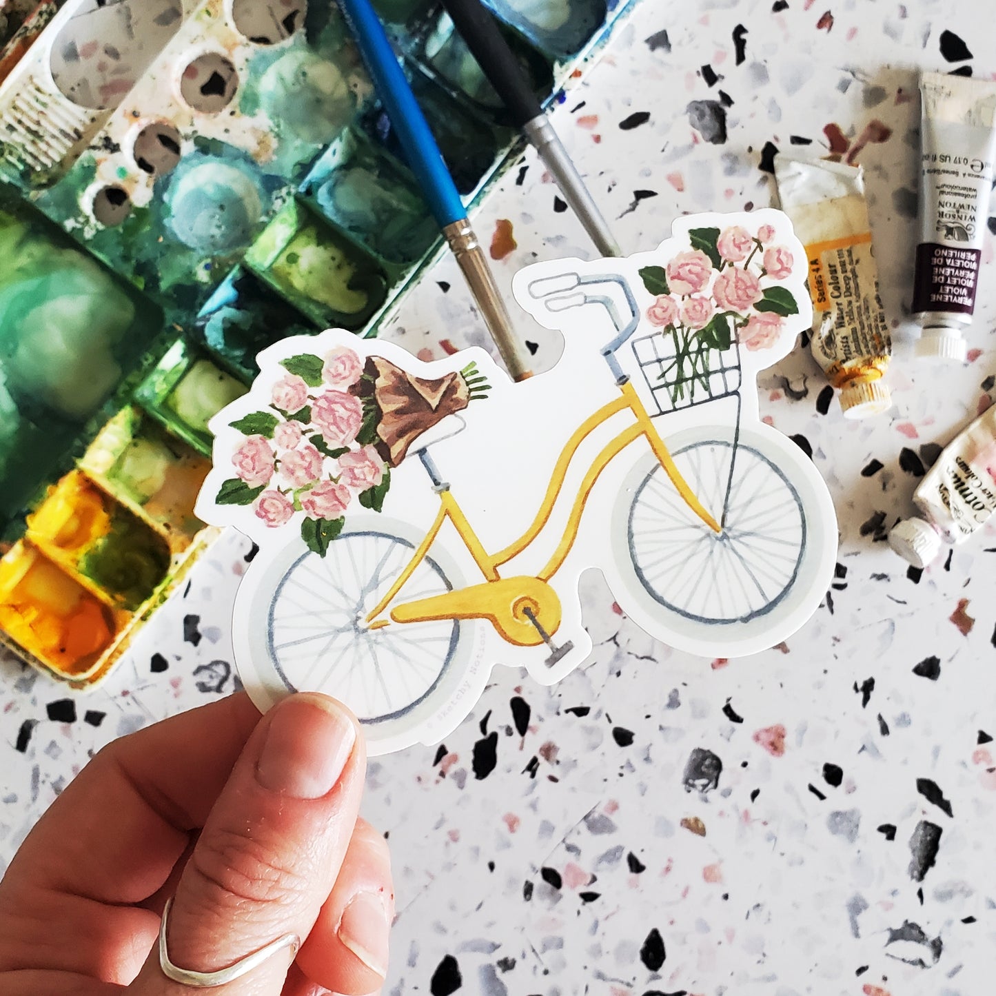 Yellow Bicycle with Pink Peonies Sticker